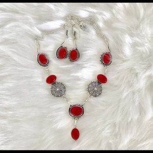 RED CORAL GEMSTONE NECKLACE EARRINGS.  .925 SILVER